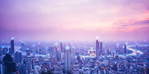 Digital network connection technology concept. Bangkok city at sunset Stock Photos