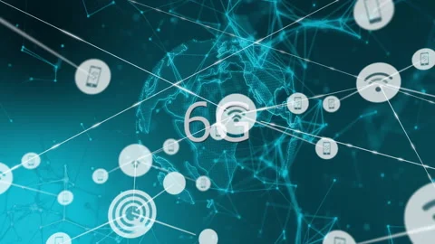 Digital network connections and 6G technology symbols over world map animation Stock Footage 306199707