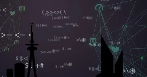 Digital network connections and code symbols overlaying city skyline silhouette Stock-Fotos