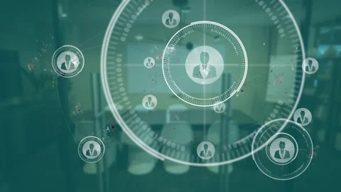 Digital network of connections and data processing animation over office setting Stock Footage 303491809