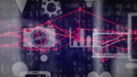 Digital network connections and data processing animation over technology icons Stock Footage 303556431
