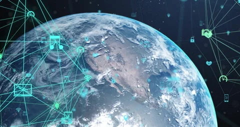 Digital network connections and data processing animation over Earth from space Stock Footage 303869406
