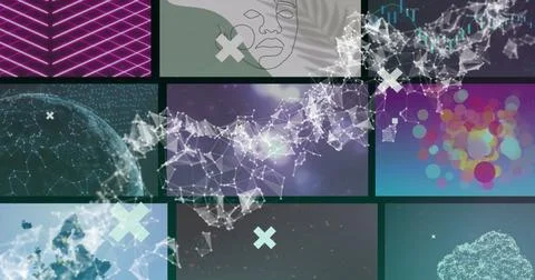 Digital network connections and data processing over various abstract images Stockfoto's