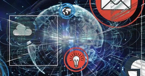 Digital network connections with cloud computing and email icons surrounding Stock Photos