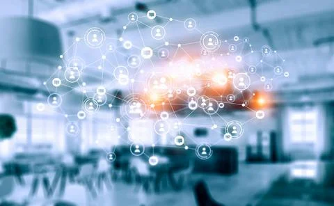 Digital Network Connections Over Blurred Modern Office Background Stock Photos