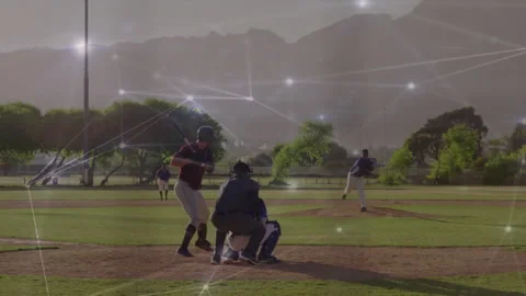 Digital network connections overlaying baseball game in progress at school field Stock Footage 305685937