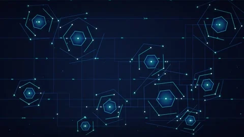 Digital network connects hexagonal nodes with glowing lights, data flow. 스톡 동영상 347199955