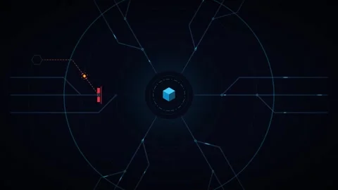 Digital network data flow animation with central cube and glowing circuitry.. Stock Footage 344861559