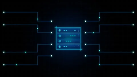 Digital network data flow connecting to a central server rack with glowing .. Video stock 345853014