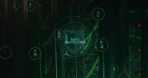 Digital network with data protection icons ensuring cybersecurity in server room Stock Photos
