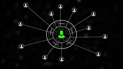 Digital network diagram with a central green user connected to multiple whi.. 스톡 일러스트
