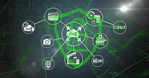 Digital network diagram displaying interconnected icons related to technology Stock Photos