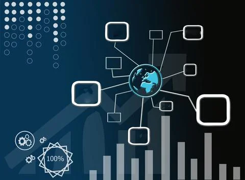 Digital network diagram with globe and bar chart on dark background Illustrazione stock