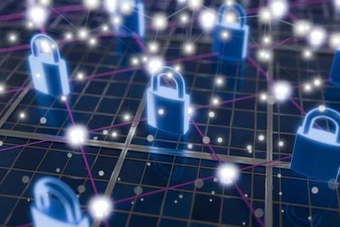 A digital network featuring glowing padlocks symbolizing cybersecurity Illustrazione stock