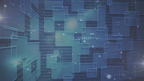 Digital network floating over blue binary code, connecting glowing nodes with Video stock 307857637