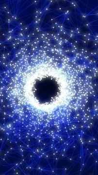 Digital network of glowing blue nodes and connections forming a vortex-like.. Illustrazione stock