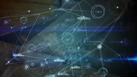 Digital network graph spreading in factory floor, displaying HUD rings, bar Stock Footage 328155210
