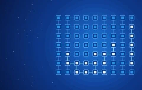 Digital network grid of connected square nodes with glowing highlighted path on Stock Illustration