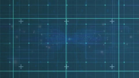 Digital network grid opening on dark blue, pulsing teal lines and flickering Stockbeeldmateriaal 313294915