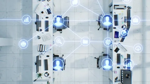 Digital Network Growing Over the Corporate Working Office with Remote Workers Stock Footage 233014812
