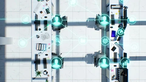 Digital Network Growing Over Corporate Working Office Top-Down View, Moving Sun 動画素材 233607090