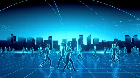 Digital Network of Human Figures in Virtual City Stock Footage 265060083