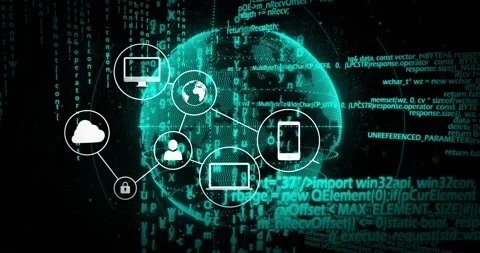 Digital network icons and binary code animating over globe Stock Footage 303739974