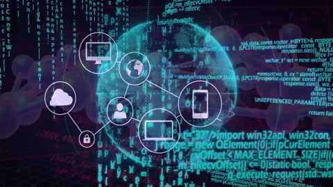 Digital network icons and binary code animation over globe and data streams Stock Footage 306635996