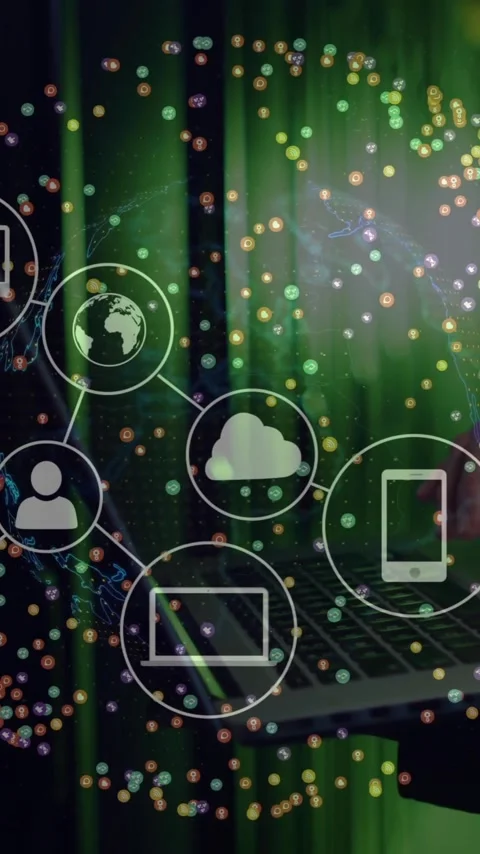 Digital network icons and data processing animation over person using laptop Stock Footage 319727094