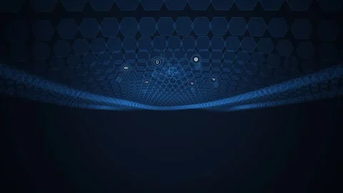 Digital network icons floating above a geometric blue hexagonal grid motion.. Stock Footage 341824574