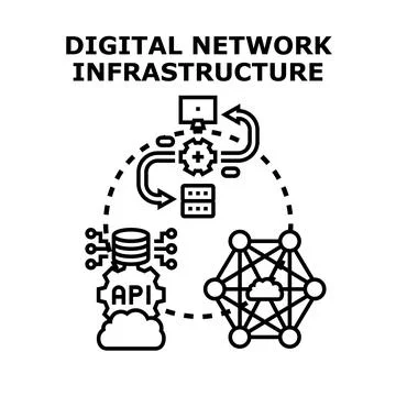 Digital network infrastructure connecting data and cloud services Stock Illustration