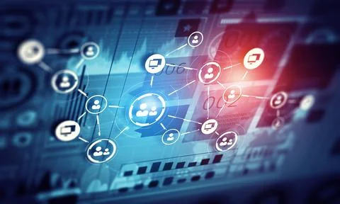 Digital Network Interface with Connected User and Computer Icons Stock Illustration
