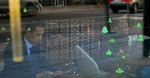 Digital network interface connects man and woman in office globally. Stock Photos
