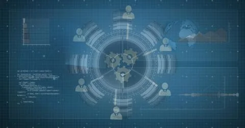 Digital network interface displaying interconnected user icons and data Stock Photos