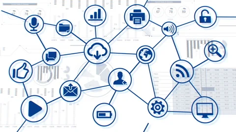 Digital Network Interface with Icons and Links Growing over the Abstract Stock Footage 245744213