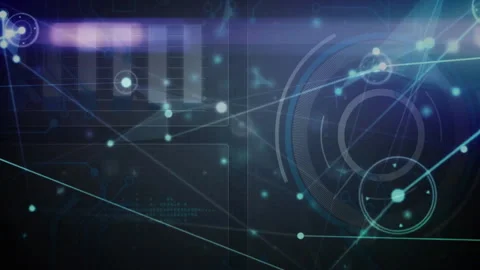 Digital network interface receiving nodes, bars pulsing, gauge rotating, Stock Footage 312694603