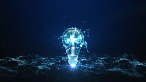 Digital network light bulb with human brain inside on blue background, Stock Footage 273284485