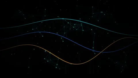 Digital network lines and glowing nodes with flowing wave curves in deep space Stock Footage 348791162