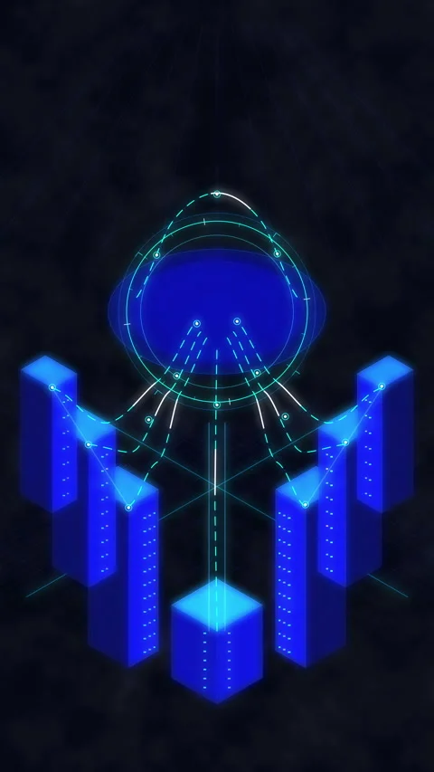 Digital network loop with blue data server towers and glowing light Stock Footage 346543301