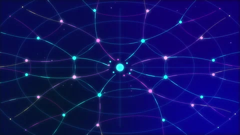 Digital network loop with glowing nodes and data streams on a futuristic grid 스톡 동영상 347245363