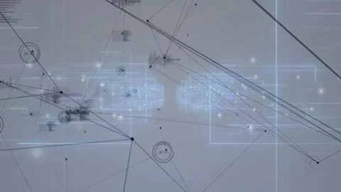 Digital network map showing thin lines connecting circular nodes and glowing Stock Footage 330943648