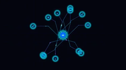 Digital network nodes connecting to central laptop on dark blue background .. Video stock 341907869