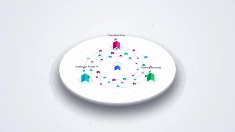 Digital network nodes rotating on circular platform with abstract data flow.. Stock Footage 343155041
