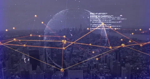 Digital network overlay animating over purple dusk cityscape, glowing orange Stock Footage 308676456