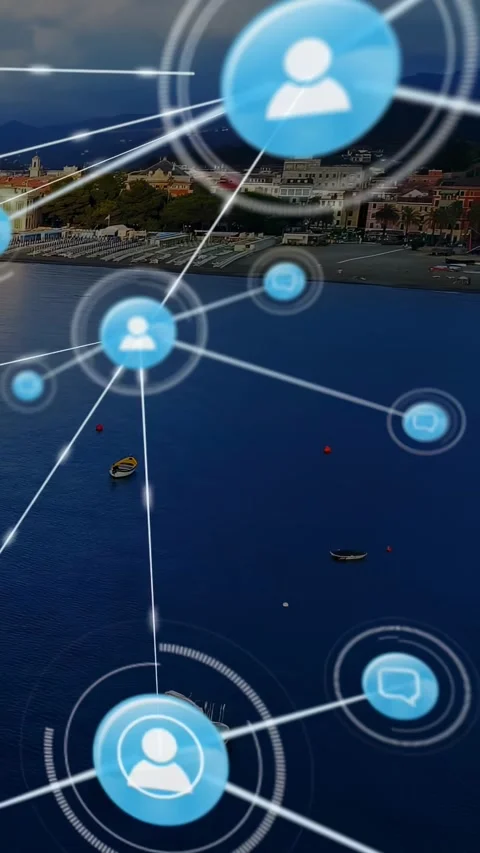Digital network overlay appearing over bay after incoming data feed, mapping Stock Footage 330189475