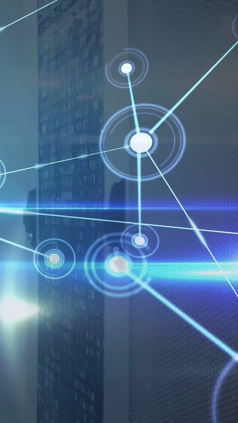 Digital network overlay expanding across tower after lens flare pulsing, mapping Stock Footage 332806533