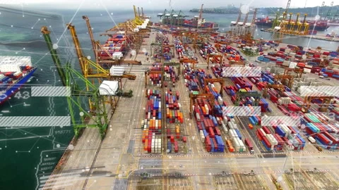 Digital network overlay fading in highlighting containers with sliding panels Stock Footage 313678504