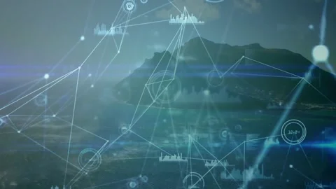 Digital network overlay fading in over ocean, nodes connecting and expanding to Stock Footage 328146066