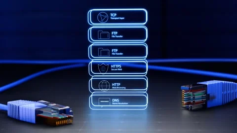Digital network protocol stack visualizing secure data communication. Stock Footage 346916761