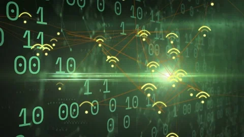 Digital network reacting to green flare, binary digits shifting, nodes pulsing Stock Footage 332936696